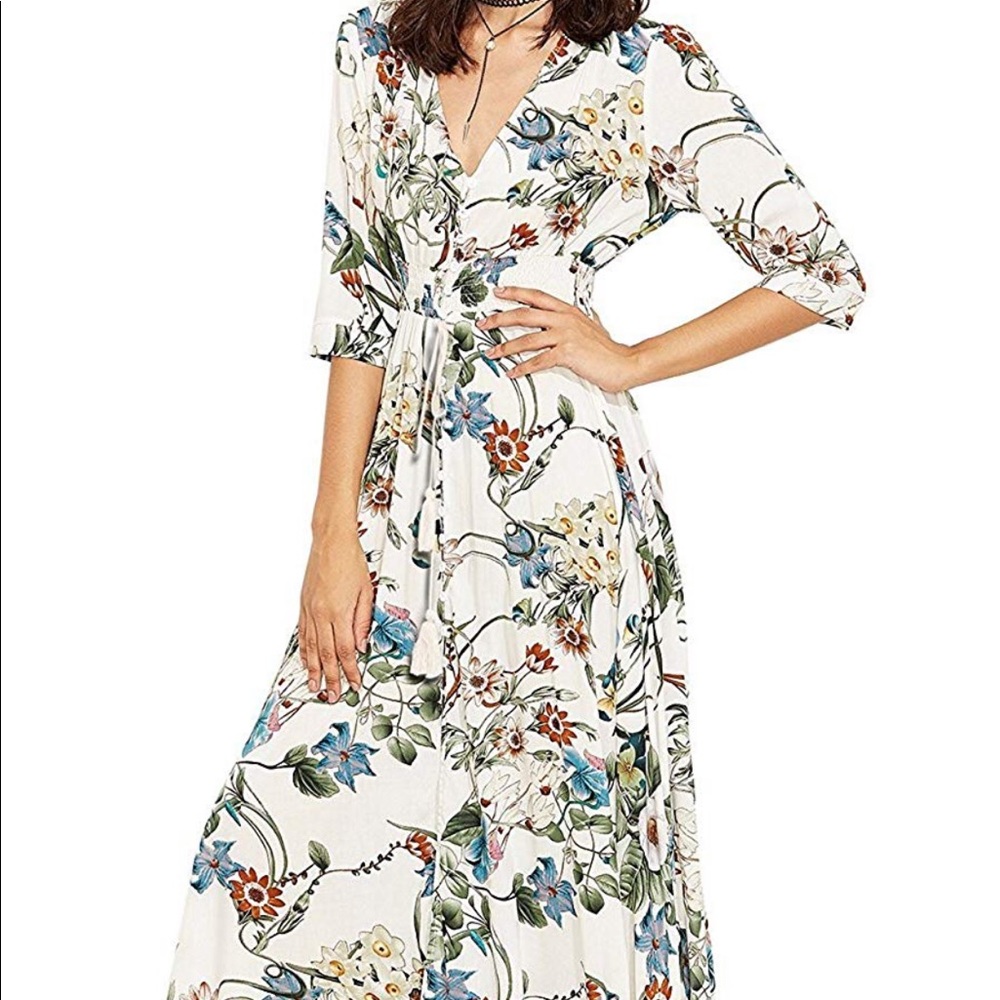 Women's Button Up Split Floral Print Flowy Maxi